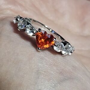 Silver Tone Red Rhinestone Heart And Clear Rhinestone Accent Ring Size 6